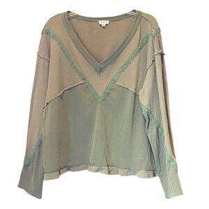 POL V-Neck Long Sleeve Exposed Seam Waffle Knit Mixed Media Top M Khaki #141V